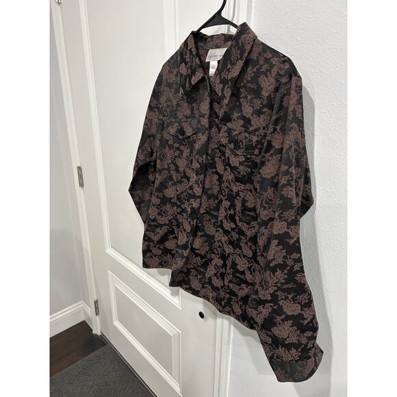 Susan Graver Style Floral Long Sleeve Button Front Shacket Black Brown Sz Large - Picture 3 of 9
